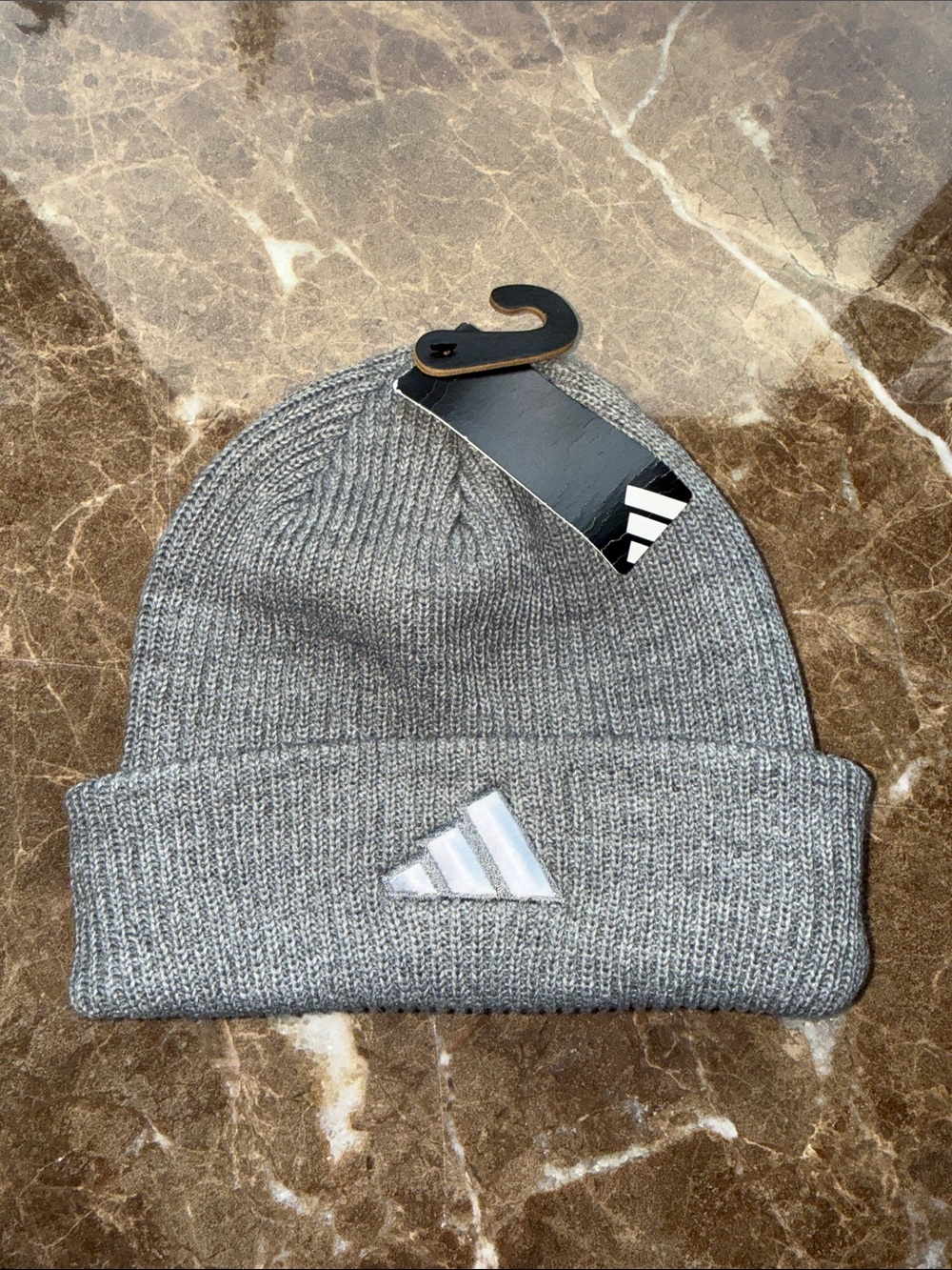 adidas Gray Ribbed Cuff Beanie with Trefoil Patch
